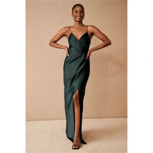 NWT Anthropologie BHLDN Freya Satin Charmeuse Maxi Slip Dress in Dark Green